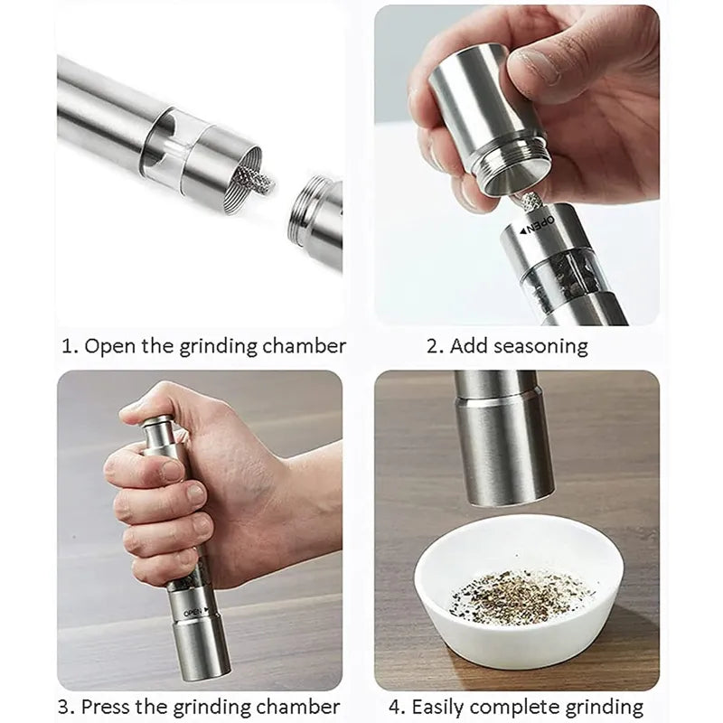 One Handed Thumb Push Stainless Steel Spice Grinder Salt Pepper Mill