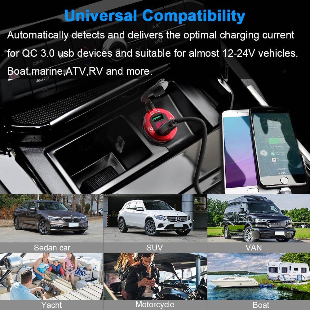 Rocketek 12V/24V 36W Waterproof Aluminum Dual USB Quick Charge 3.0 Charger Socket Power Outlet Adapter with LED Voltmeter - Al-Raheem Imports