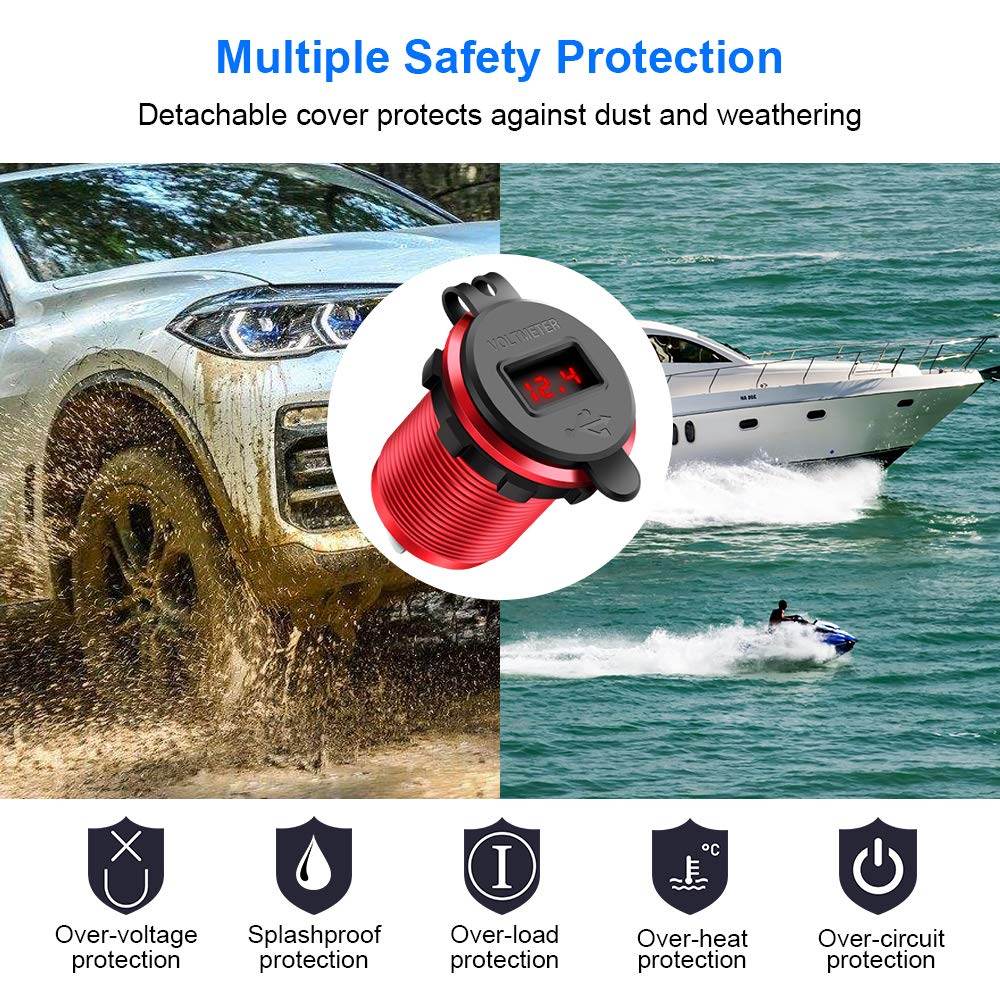 Rocketek 12V/24V 36W Waterproof Aluminum Dual USB Quick Charge 3.0 Charger Socket Power Outlet Adapter with LED Voltmeter - Al-Raheem Imports