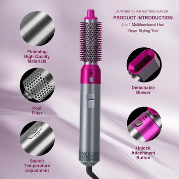 5 in 1 Hot Air Brush Hair Dryer Styler Negative Ion Straightener Curler Comb