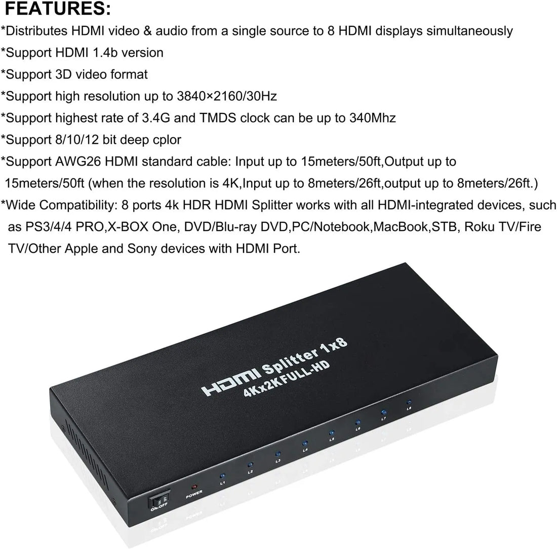 NEWCARE 4K 1x8 HDMI Splitter 8 Port Full HD Audio Video Distributor with Power Adapter
