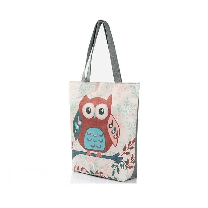 Owl and Flower Patterned Canvas Tote Bag with Zipper Closure and Organized Interior Compartments for Women and Nature Lovers