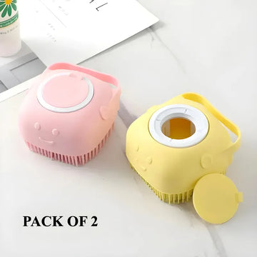 Set of 2 Soft Silicone Massage Bath Brushes with Integrated Soap Dispenser and Gentle Exfoliating Body Scrubber for Sensitive Skin and Baby Bathing