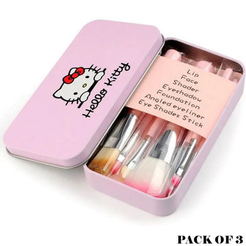 Pack of 3 Cute Hello Kitty 7-Piece Makeup Brush Kit with Premium Synthetic Bristles