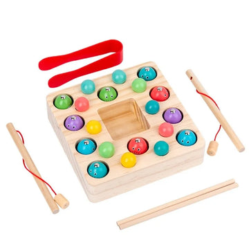Interactive Fishing Game Playset 3 in 1 Montessori Wooden Magnetic Fishing Toy with Numbers Colors Beads for Kids 3 Plus