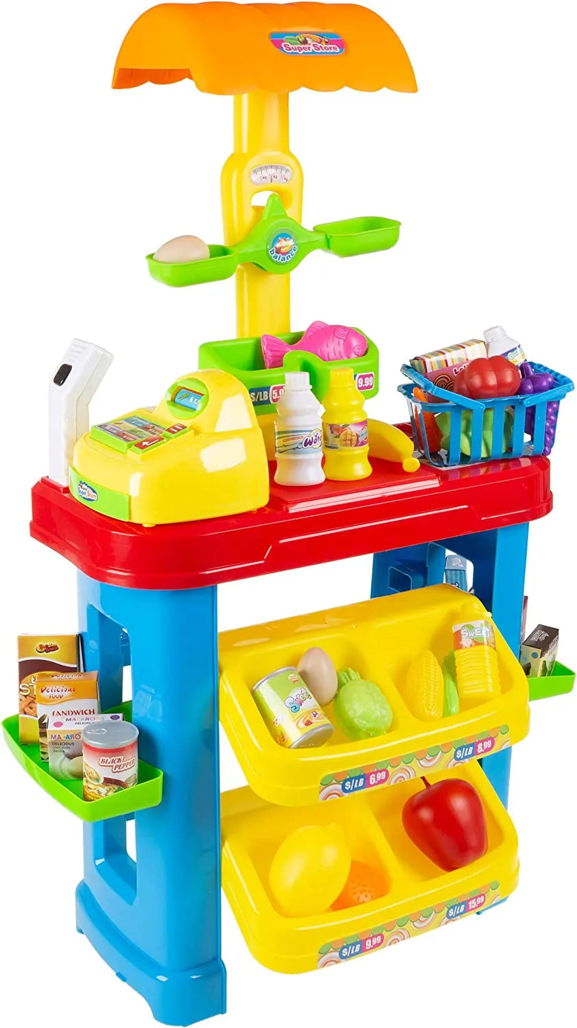 Kids Supermarket Grocery Store Stand Playset with Cash Register and 29 Accessories