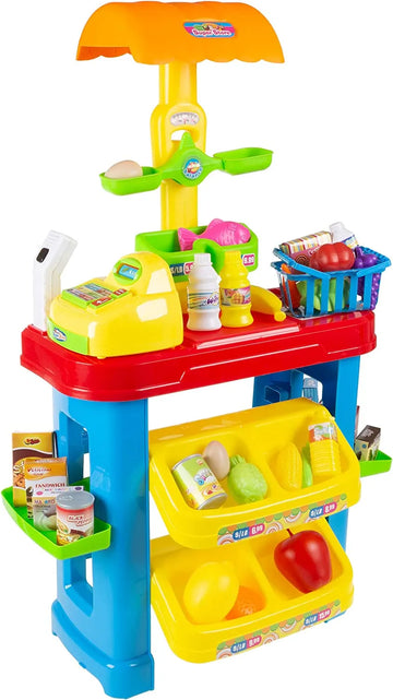 Kids Supermarket Grocery Store Stand Playset with Cash Register and 29 Accessories