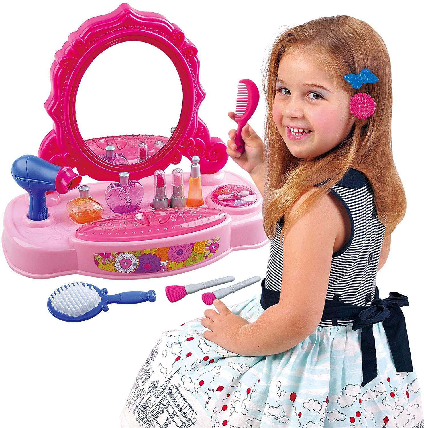 Little Vanity Corner Playset With Accessories Hairbrush Nail Paints Hair Dryer Perfume Comb - Al-Raheem Imports