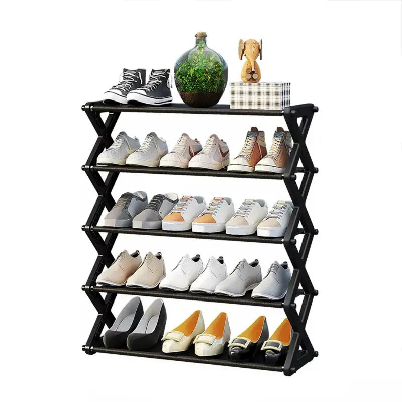 5 Layer X Type Foldable Shoe Organizer Stand Rack Black White Dark Green