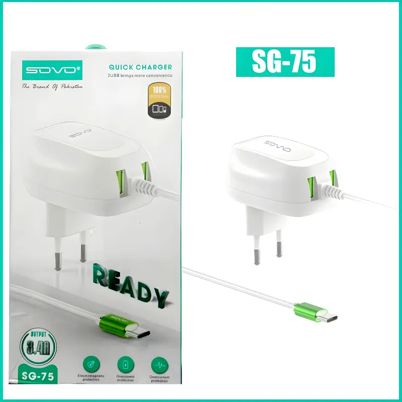 SOVO SG-75 Ready 3.4A Dual USB Fast Charger with Type-C Cable