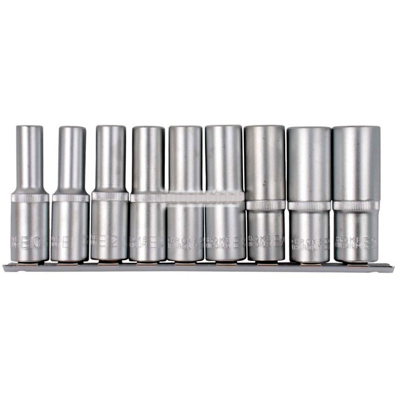 Hoteche 9PC Deep E-Torx Star Female Bit Socket Set 1/2" Drive E10-E24 Chrome