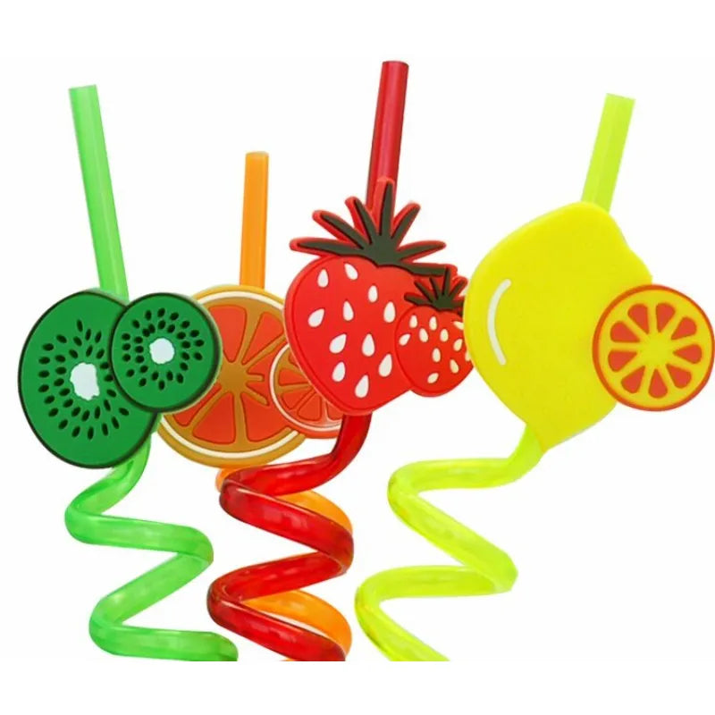 Pack of 4 Reusable Plastic Fruit Design Drinking Straws Acrylic Spiral Party Straws