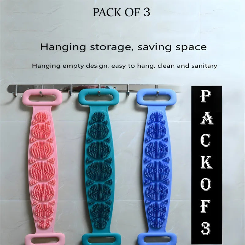 Pack of 3 Silicone Back Scrubber Soft Loofah Bath Towel and Massage Belt with Double Sided Exfoliating Brush for Deep Body Cleaning and Skin Massage