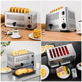 A 4-panel collage showing a stainless steel multi-slot toaster in different settings. The toaster is shown with slices of toast popping out in two top panels, and in two bottom panels it is shown empty on a kitchen counter with breakfast plates nearby.