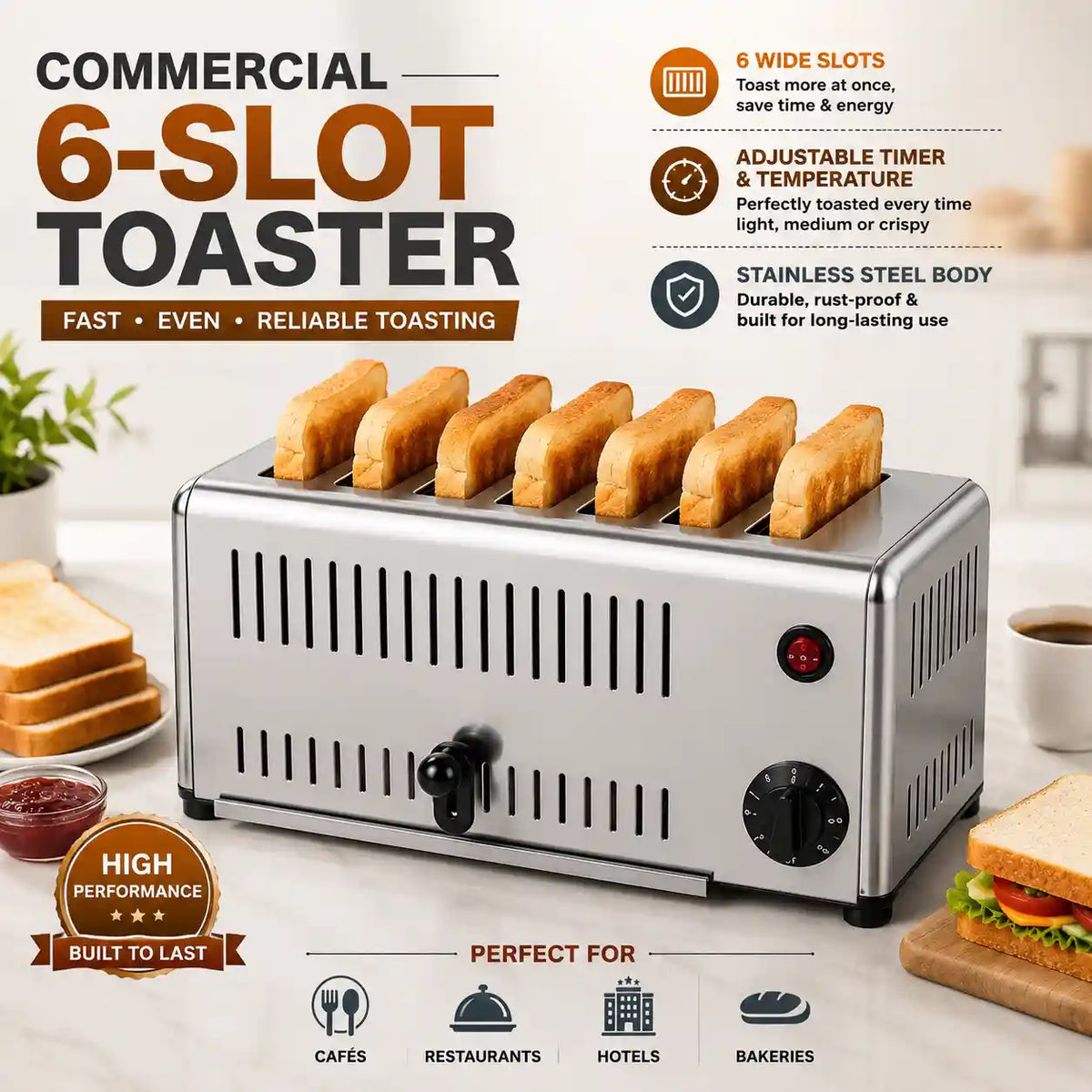 A commercial 6-slot toaster in stainless steel shown with six slices of toast, surrounded by marketing text callouts and food props on a light kitchen-style background.