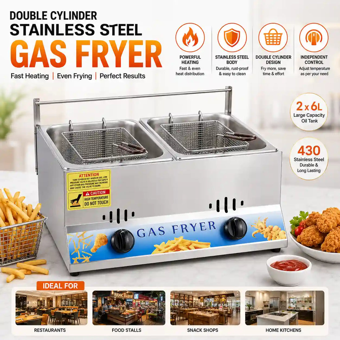 A commercial double-cylinder stainless steel gas fryer shown on a white background with promotional text, feature icons, and small kitchen usage photos. The fryer has two wire baskets, black control knobs, a blue front label, and is surrounded by fries, fried food, and ketchup.