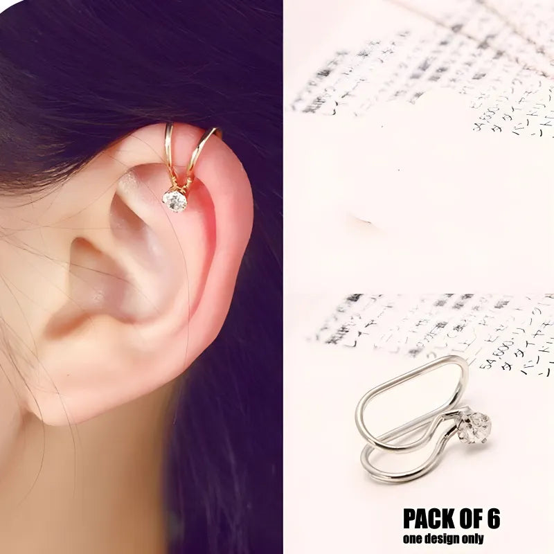 Pack of 6 Diamond Star Pearl Ear Clips with U Shaped Design and Single Hammered Detailing Nickel Free Fashion Jewellery Earrings for Women and Teen Girls