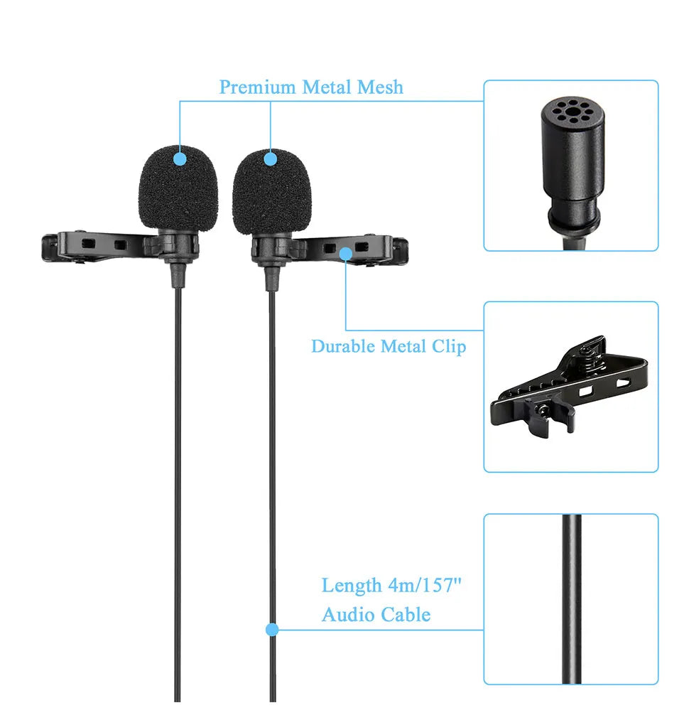 Dual-Head 3.5mm TRRS Condenser Lavalier Microphone for PC and Mobile Black 4m Cable