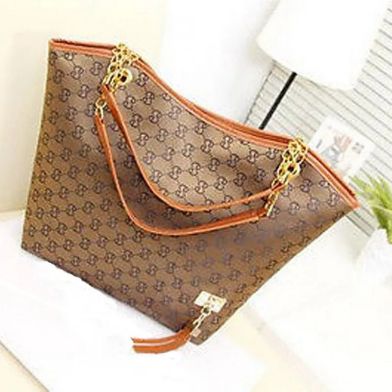 Stylish Faux Leather Iconic Pattern Women Shoulder Bag with Golden Chain Straps and Secure Zipper Pocket for Elegant Fashion and Daily Use