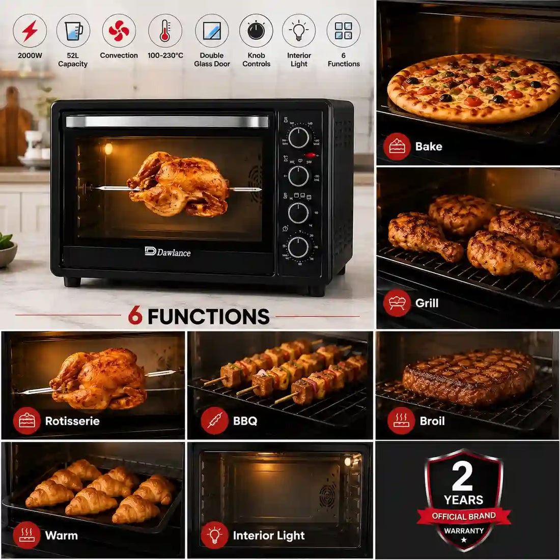 Black Daewlaze countertop convection oven shown in a collage with multiple food cooking examples and feature icons. The main product photo on the left shows the oven with a roasted chicken inside, while the surrounding panels demonstrate baking pizza, grilling chicken, rotisserie chicken, BBQ skewers, broiling steak, warming trays, and interior light use.