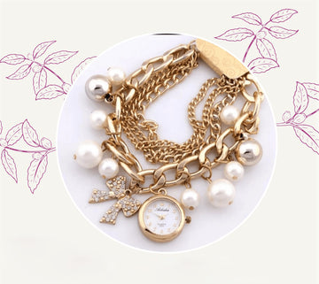 Stylish Luxury Pearls Bracelet Women's Fashion Wrist Watch Golden