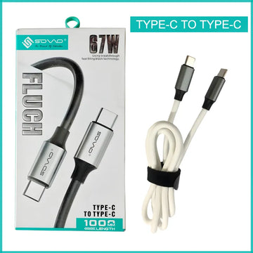 SOVO FLUCH Fast Charging Cable Type C to Type C 67W or Type C to Lightning 27W Bold Copper TPE 1 Meter Super Durable