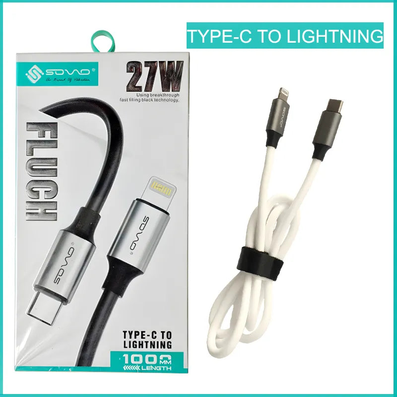 SOVO FLUCH Fast Charging Cable Type C to Type C 67W or Type C to Lightning 27W Bold Copper TPE 1 Meter Super Durable