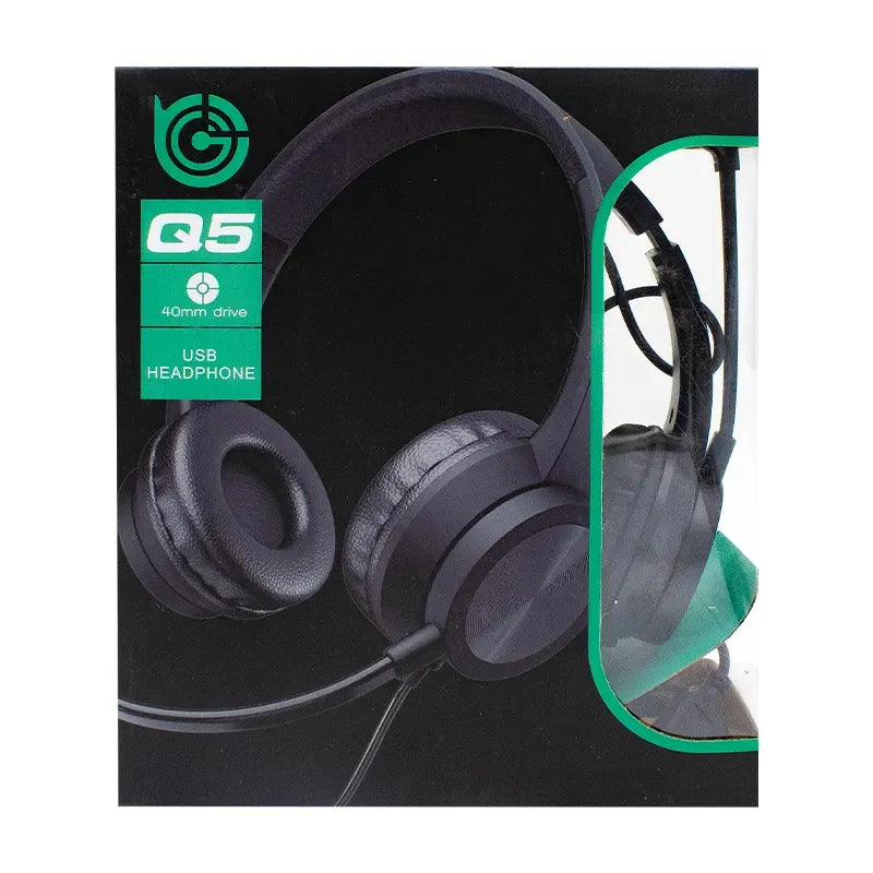 Q5 USB Wired On-Ear Headphones with Adjustable Microphone and Volume Control
