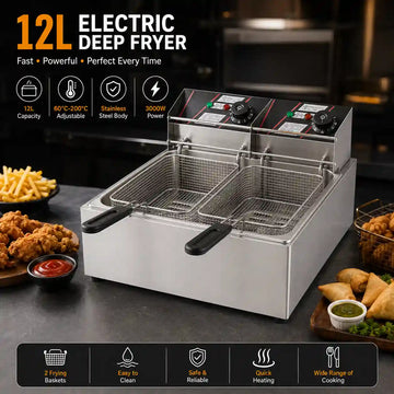 Imported 12L Electric Deep Fryer Heavy Duty Commercial Use  60°C to 200°C Temperature Control Dual Basket