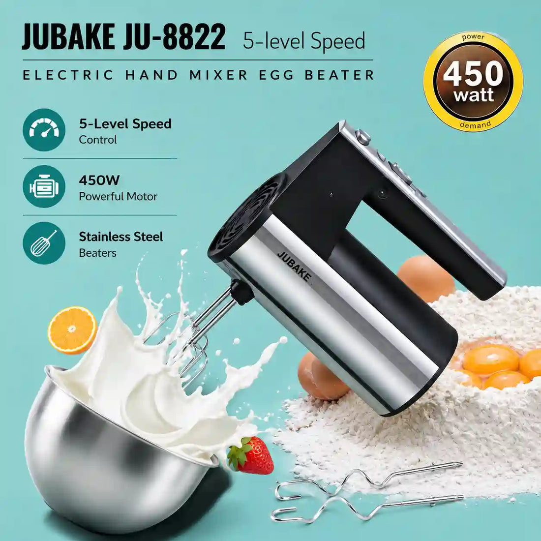 Jubake Food mixers Home Use 5 Speed Cake Egg Beater Hand Held Mixer With Turbo Function Dough Blender Egg Beater Hand Mixer Kitchen Tools