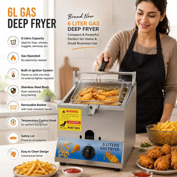 Imported 6 Liter Gas Deep Fryer Built-in Ignition Commercial Stainless Steel