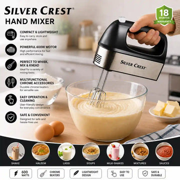 Silver Crest Stainless Steel 5 Speeds Electric Hand Food Mixer Food Blender Dough Mixer Whisk Beater Egg Beater Cream Whipper for Kitchen Copper Motor 600 Watts SC-922