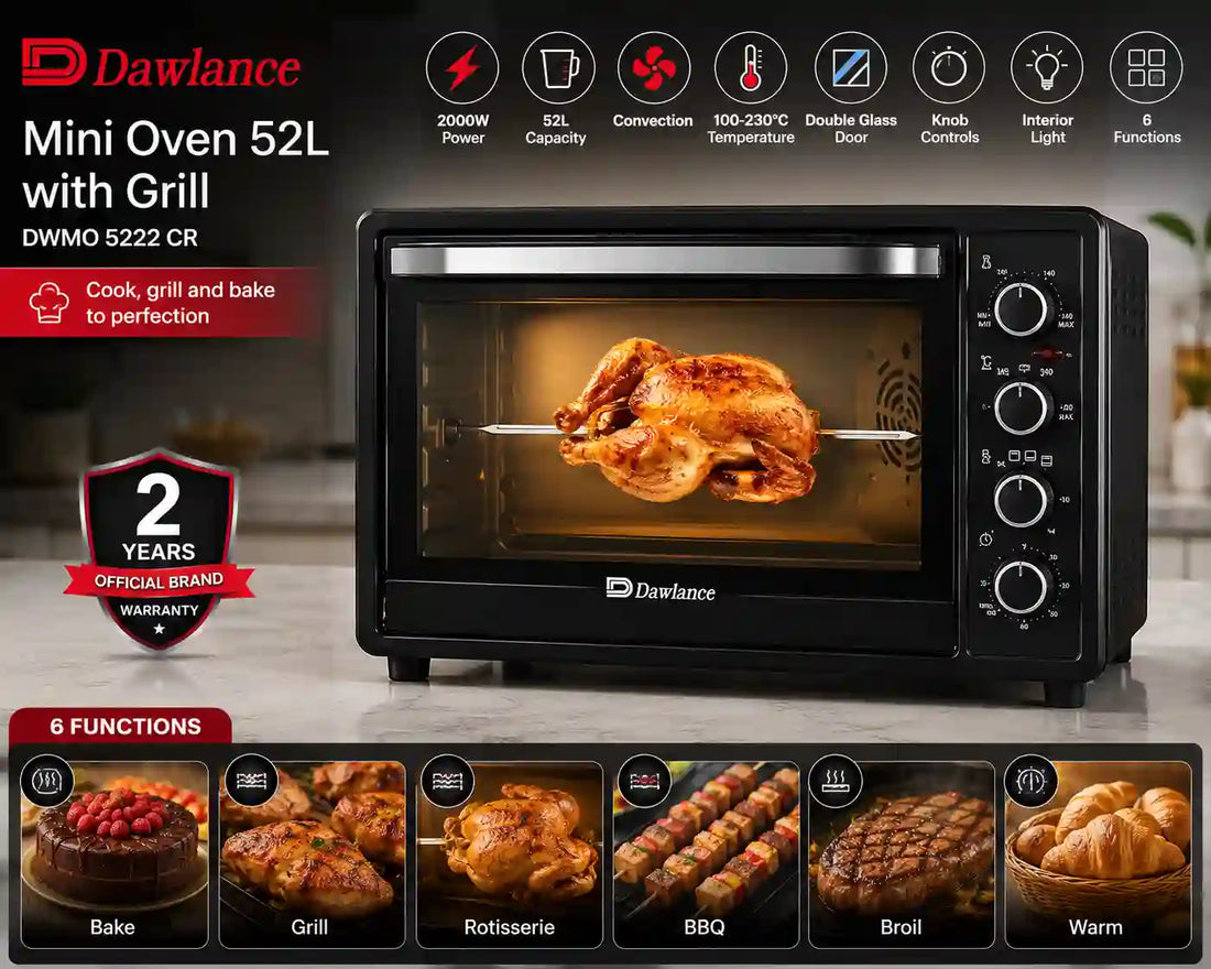 Black Daewlaze countertop convection oven shown in a collage with multiple food cooking examples and feature icons. The main product photo on the left shows the oven with a roasted chicken inside, while the surrounding panels demonstrate baking pizza, grilling chicken, rotisserie chicken, BBQ skewers, broiling steak, warming trays, and interior light use.