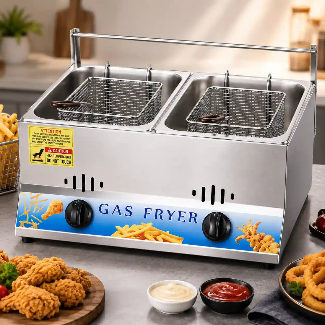 A commercial double-cylinder stainless steel gas fryer shown on a white background with promotional text, feature icons, and small kitchen usage photos. The fryer has two wire baskets, black control knobs, a blue front label, and is surrounded by fries, fried food, and ketchup.