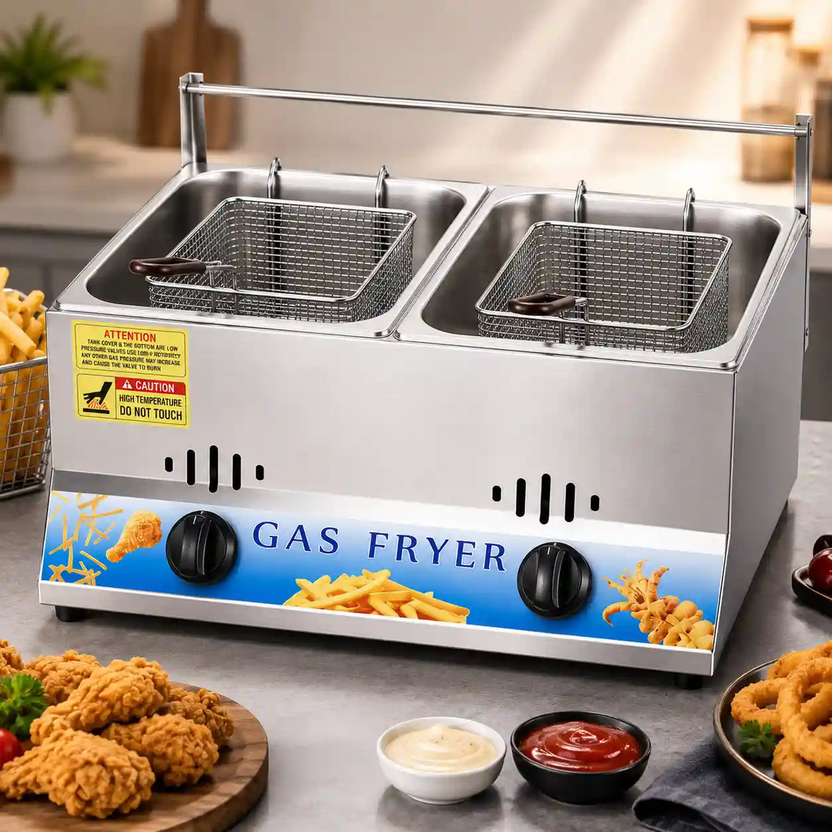 A stainless steel gas fryer with two deep baskets, shown on a countertop with fried food and dipping sauces. The front has a blue graphic panel with the words 'GAS FRYER' and a yellow warning label.
