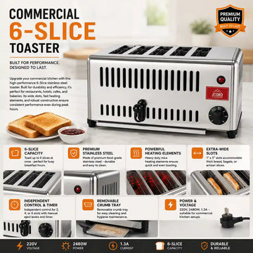 Commercial 6 Slice Stainless Steel Toaster Heavy Duty, Wide Slots, Adjustable Timer
