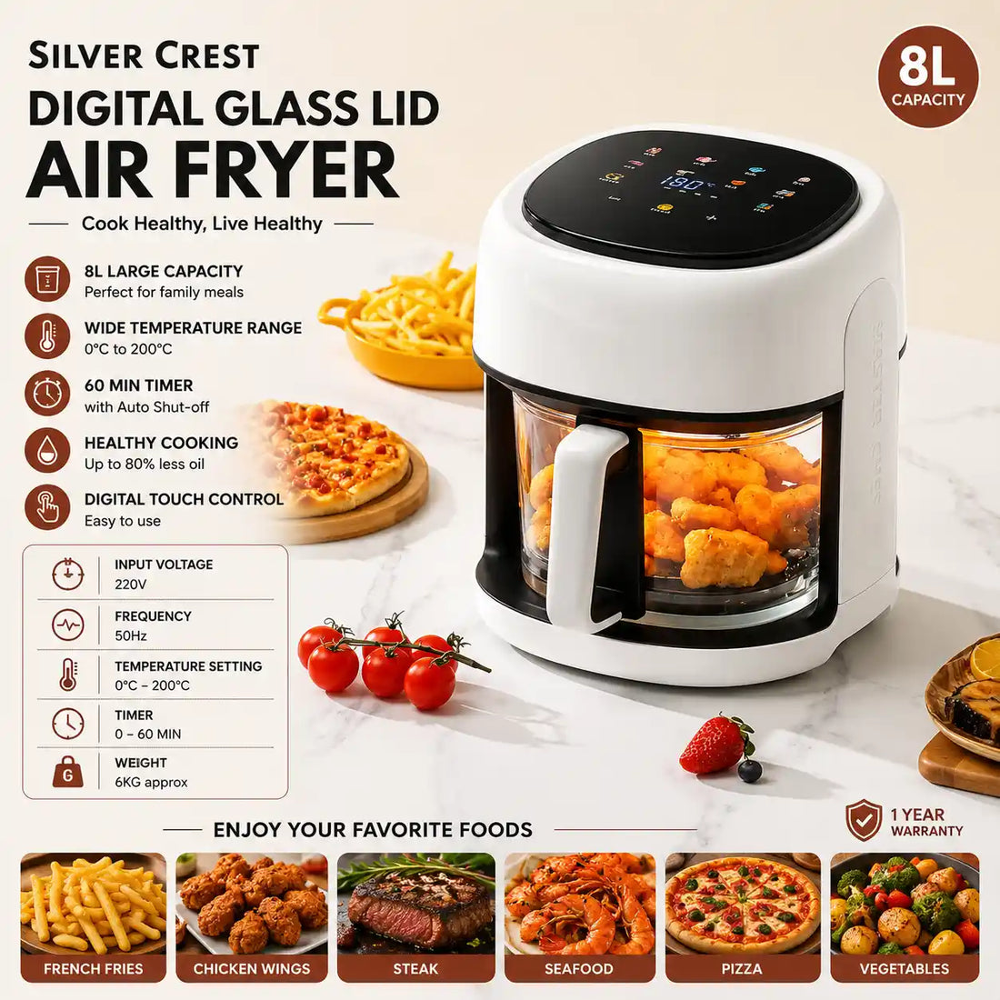 Silver Crest Multi-Functional Digital Glass Lid 8L capacity Air Fryer