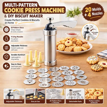 Multi Pattern Cookie Press Machine DIY Biscuit Maker with 20 Interchangeable Disc Shapes and 4 Icing Nozzles for Professional Baking and Decoration