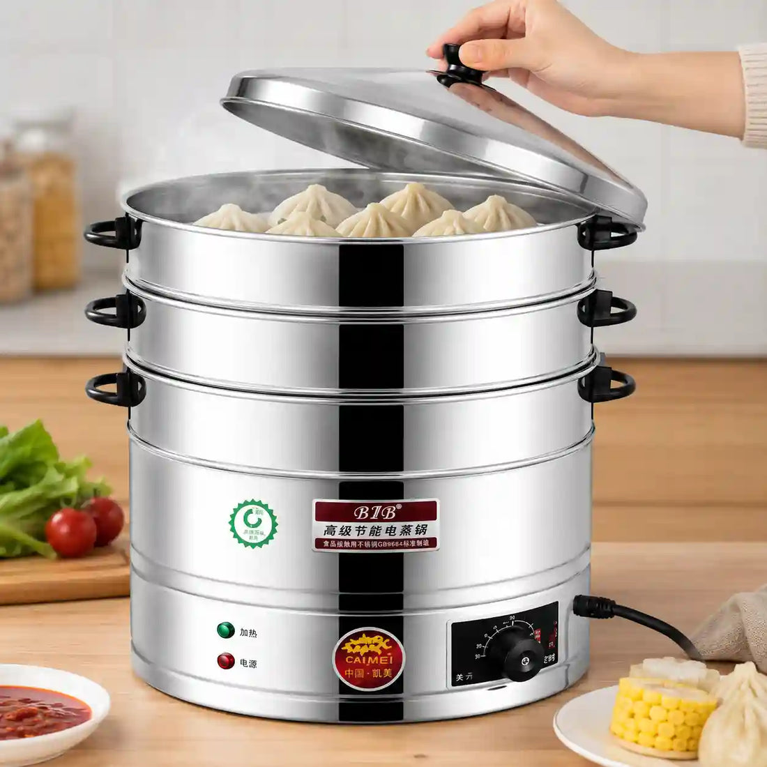 A multi-tier electric steamER cooker with a stainless steel body and black handles, shown with a hand lifting the lid to reveal steaming dumplings. The image includes promotional text, feature icons, and food examples on a wooden table.