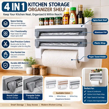 4 in 1 Multi Purpose Wall Mounted Kitchen Organizer Shelf with Foil Dispenser Paper Towel Holder and Spice Rack