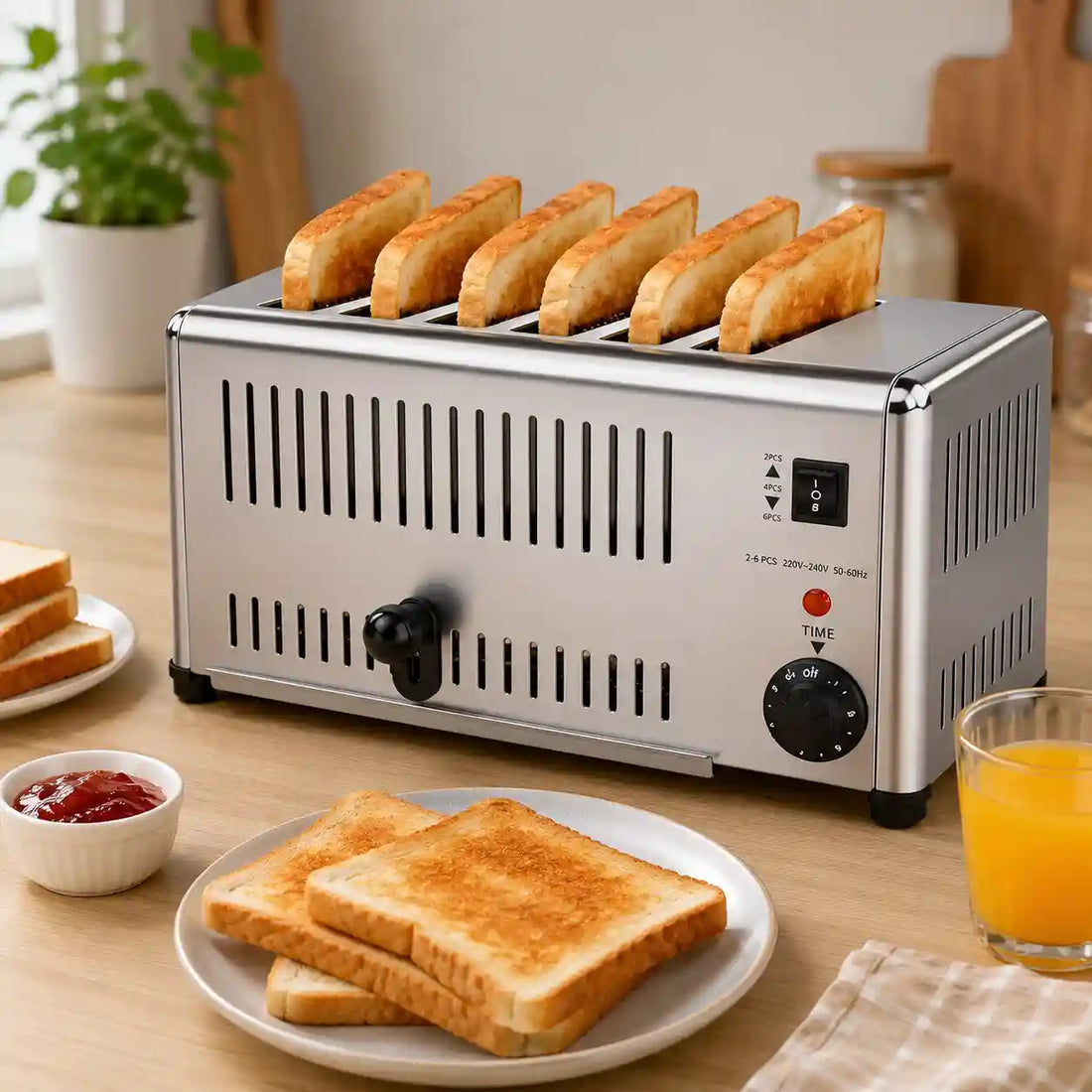 A commercial 6-slot toaster in stainless steel shown with six slices of toast, surrounded by marketing text callouts and food props on a light kitchen-style background.
