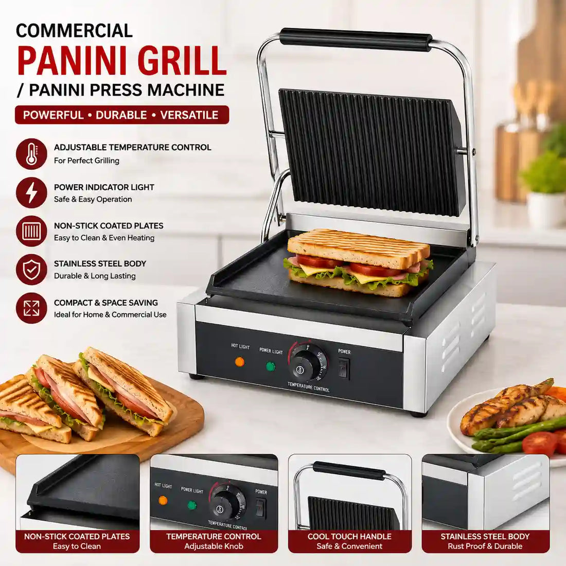 Commercial R&M Panini Grill press machine shown open with two sandwiches cooking on the plates, alongside food examples and feature callouts on a white background.