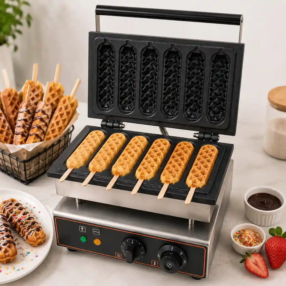 Commercial Electric Waffle Stick Maker 6 Slot Stainless Steel Waffle Machine | Non-Stick Plates | Fast Heating