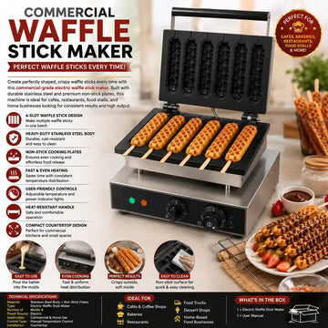 Commercial Electric Waffle Stick Maker 6 Slot Stainless Steel Waffle Machine | Non-Stick Plates | Fast Heating