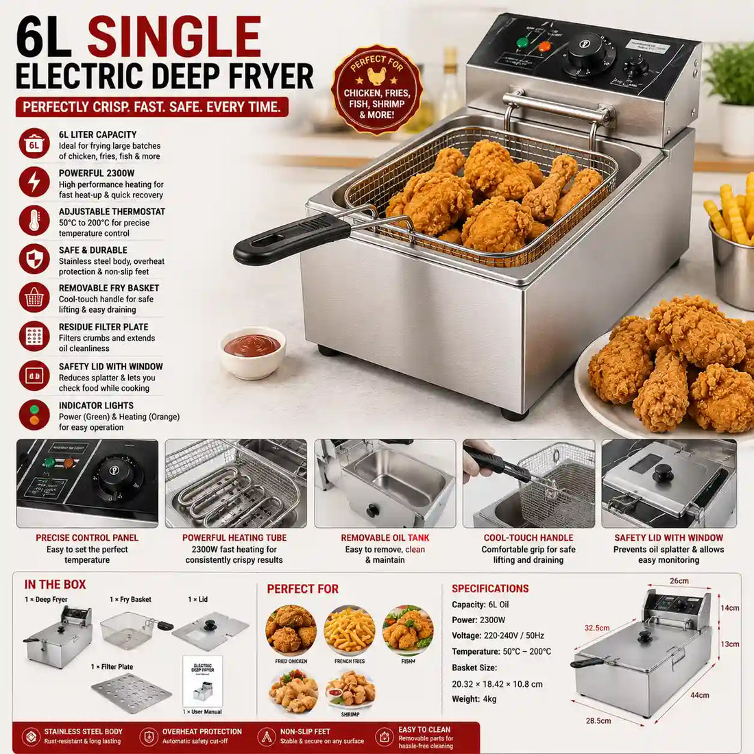 Single Tank 6L Commercial Electric Deep Fryer Stainless Steel 2500W French Fries Machine