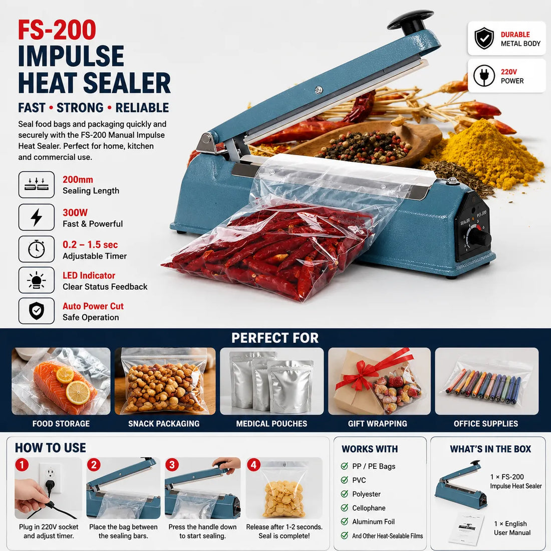 FS-200 Manual Impulse Heat Sealer 300W Food Vacuum Packaging Machine 200mm Sealing Length for Plastic Bags