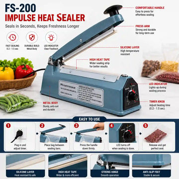 FS-200 Manual Impulse Heat Sealer 300W Food Vacuum Packaging Machine 200mm Sealing Length for Plastic Bags