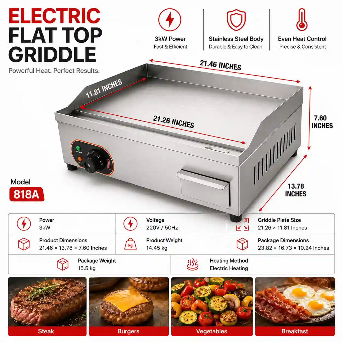Commercial Electric Flat Hotplate Griddle | 21.26×11.81 Inches Stainless Steel Hotplate
