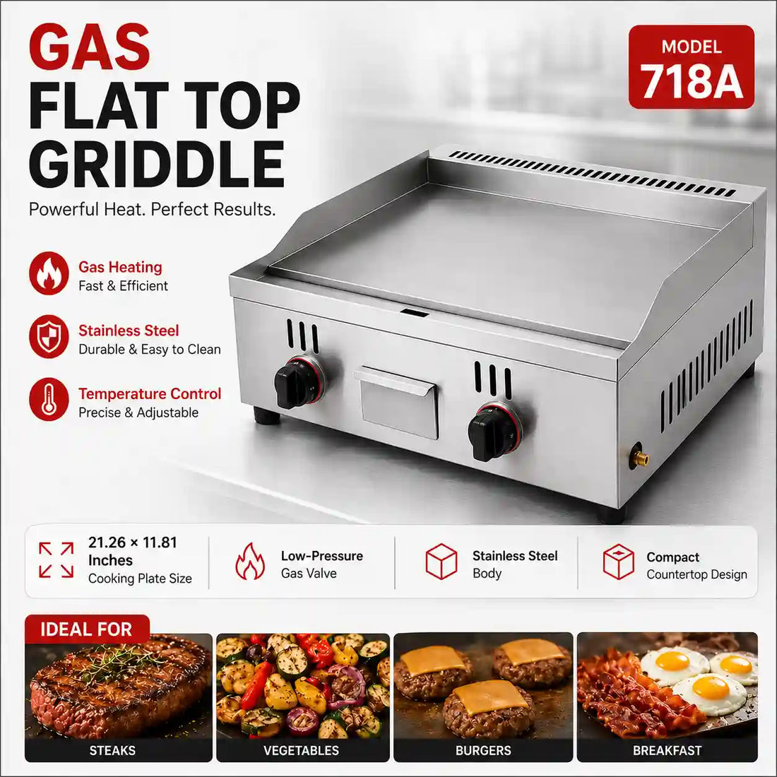 Commercial Gas Flat Hotplate Griddle | 21.26×11.81 Inches Stainless Steel Hotplate