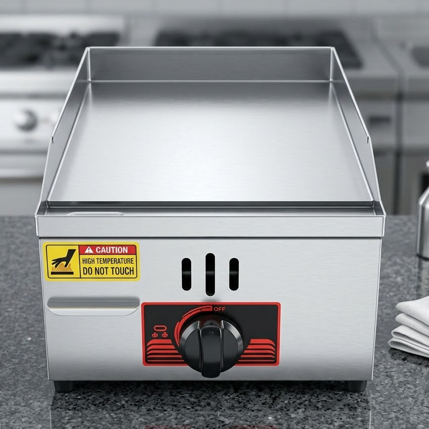Commercial Gas Griddle 12'' x 15'' - Heavy Duty Stainless Steel Flat Top Grill for Restaurants